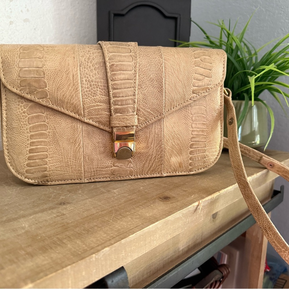 Vintage Corbeau Curio Beige Reptile-Embossed Leather Crossbody Bag
